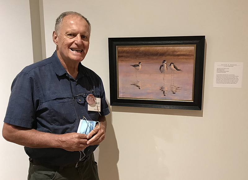 Terrill pictured with Black necked stilt painting